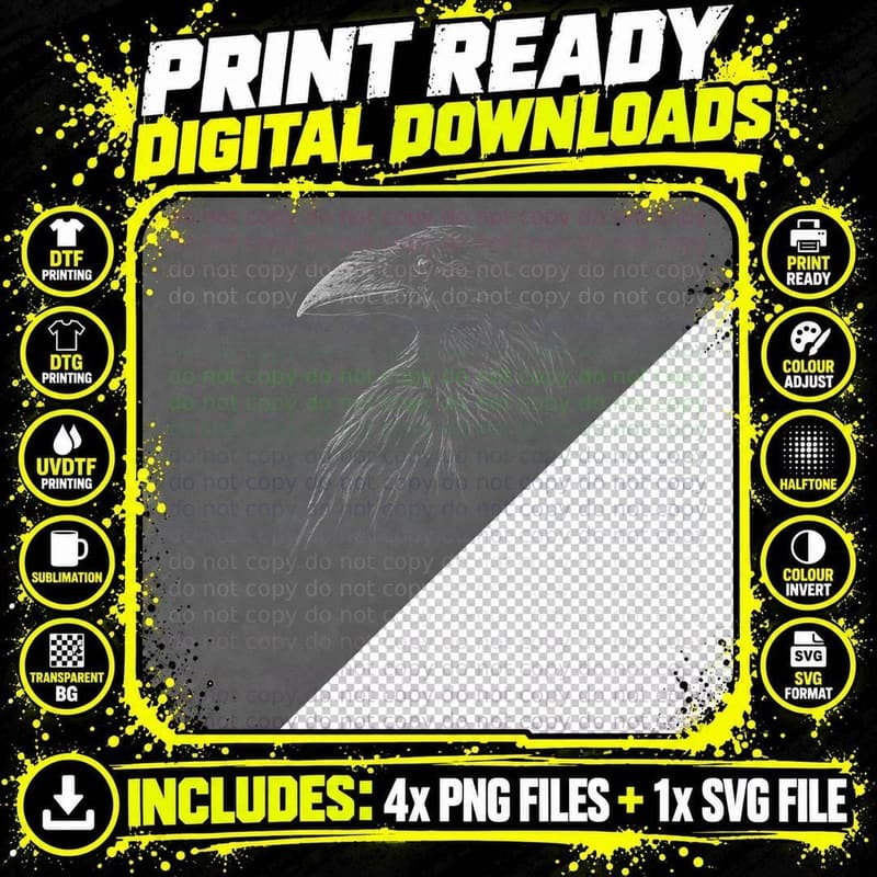 Mystical Black Raven Illustration Crow Artwork T-Shirt Png SVG Digital Bundle