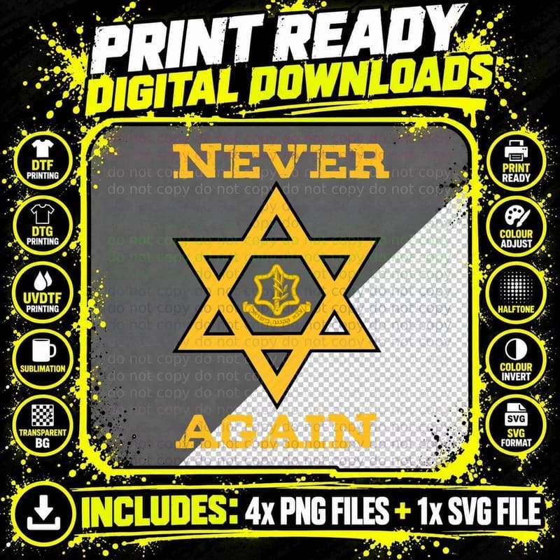 Never Again Support Israel Jewish Star of David Idf Logo Png SVG Digital Bundle
