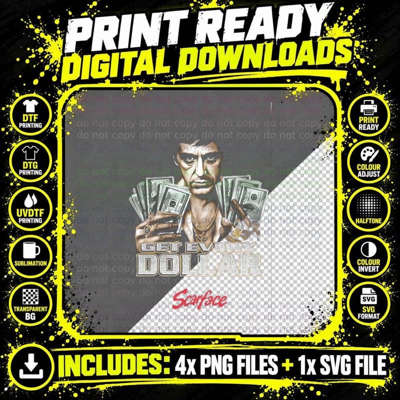 Scarface Money Dollar T-Shirt, Gangster Style Print Png SVG Digital Bundle