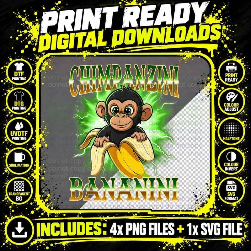 Shimpanzini Bananini Italian Brainrot Chimpanzee and Png SVG Digital Bundle