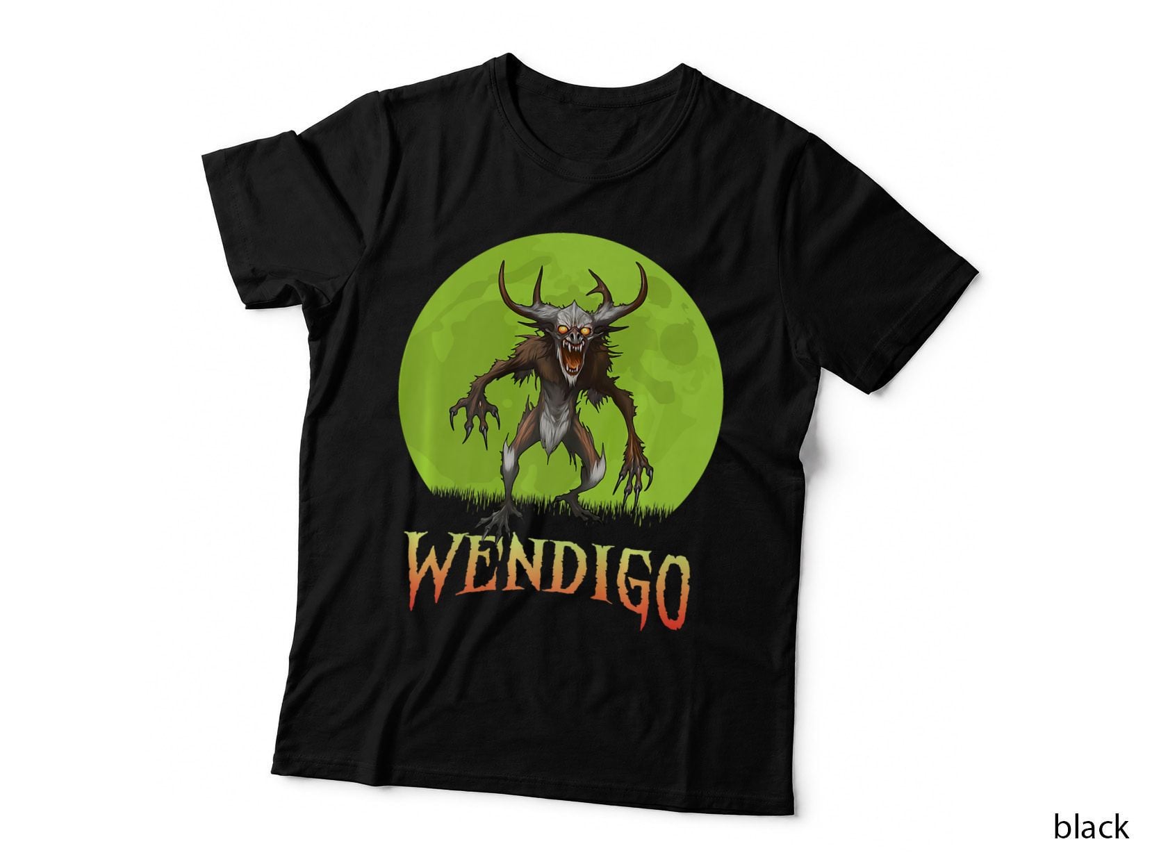Wendigo Green Monster T-Shirt, Horned Demon Creature Lime Tee