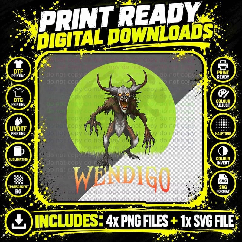 Wendigo Green Monster T-Shirt, Horned Demon Creature Png SVG Digital Bundle