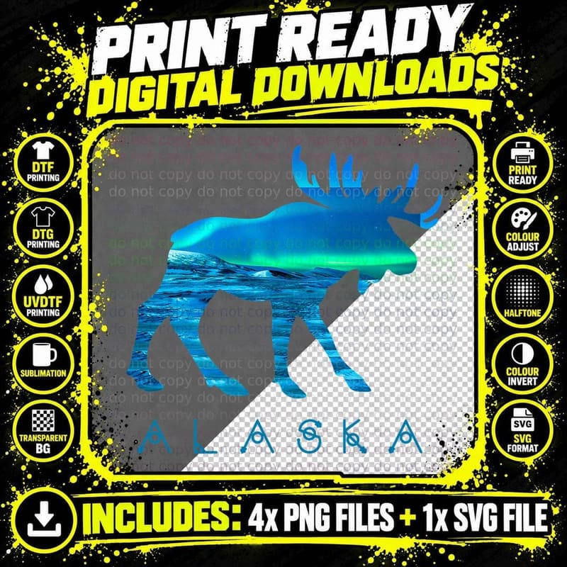 Alaskan Moose with Aurora Borealis Snow Scene T-Shirt Png SVG Digital Bundle