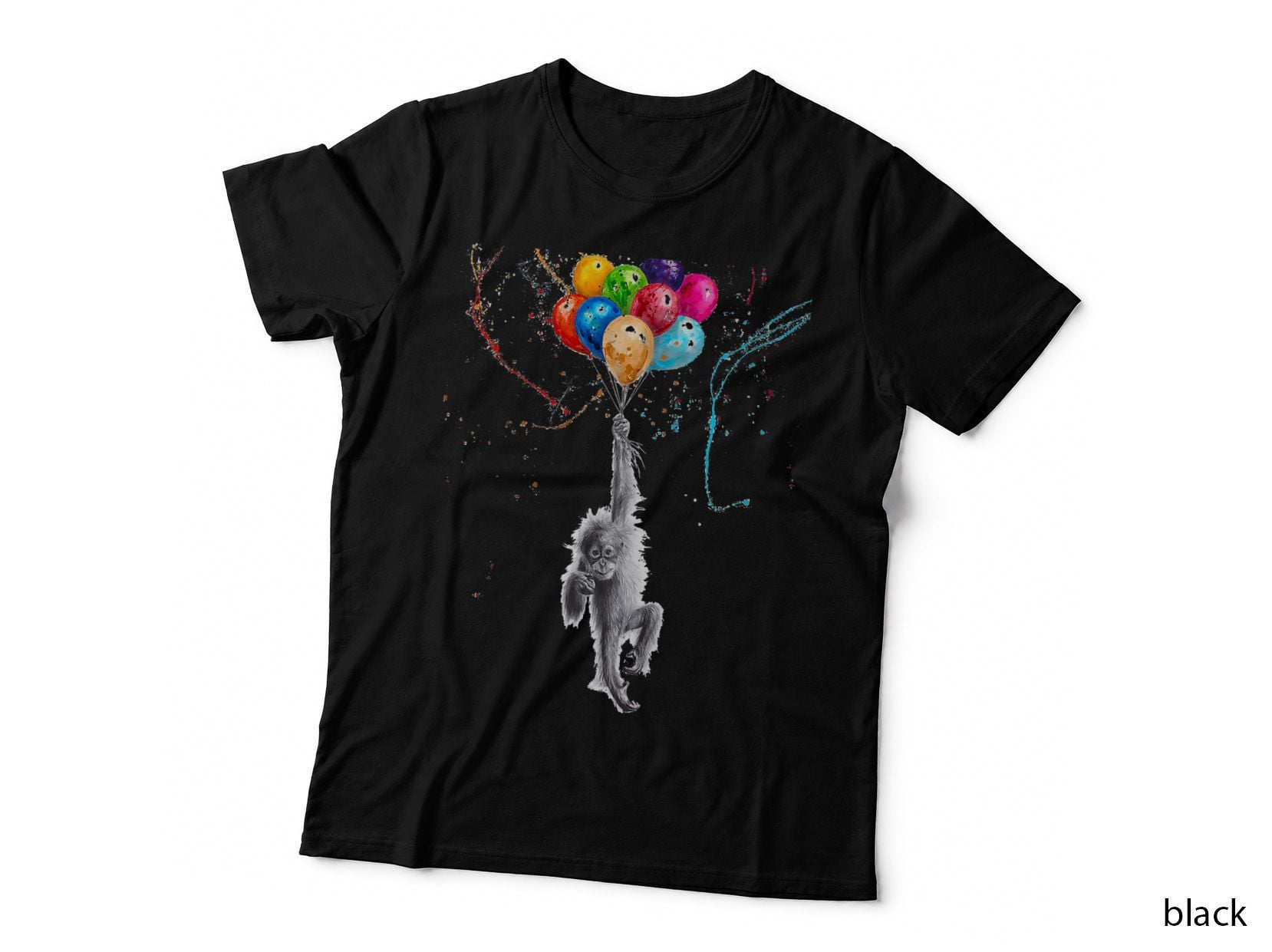Colorful Face Baby Orangutan Hanging Balloons Graphic Monkey T-Shirt