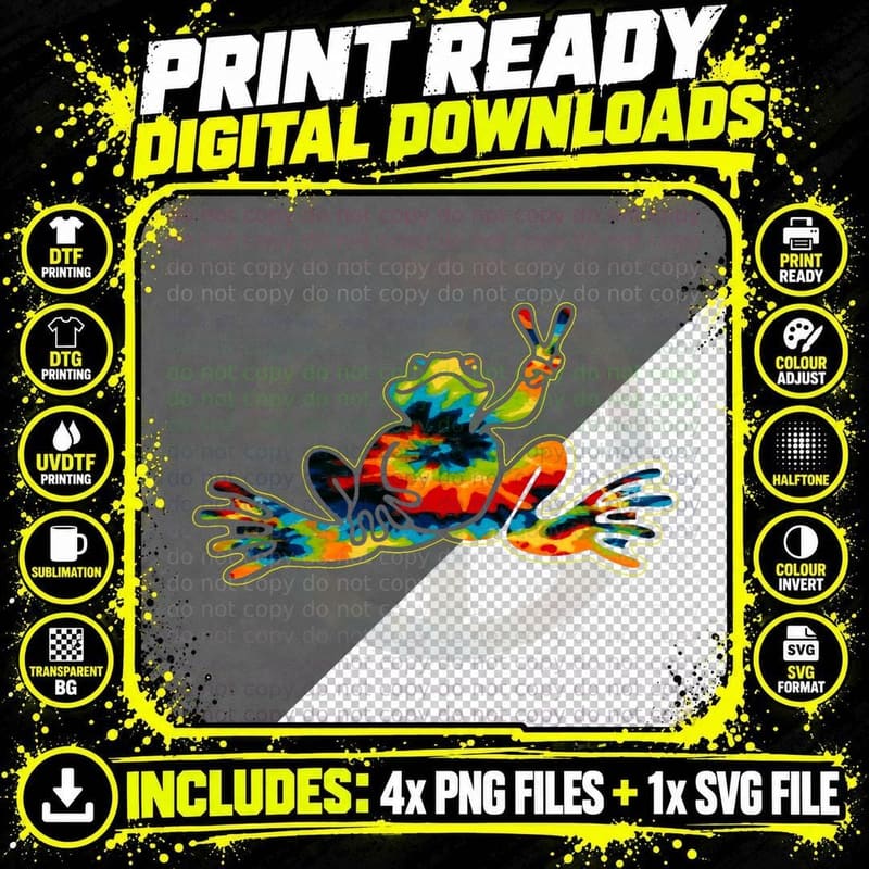 Cool Peace Frog Tie Dye 1960s Fashion Nonconformists Png SVG Digital Bundle