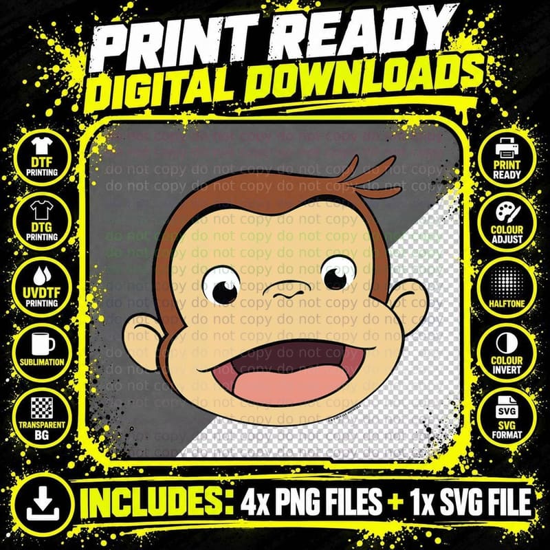 Curious George Big Face Monkey Smile T-Shirt Png SVG Digital Bundle