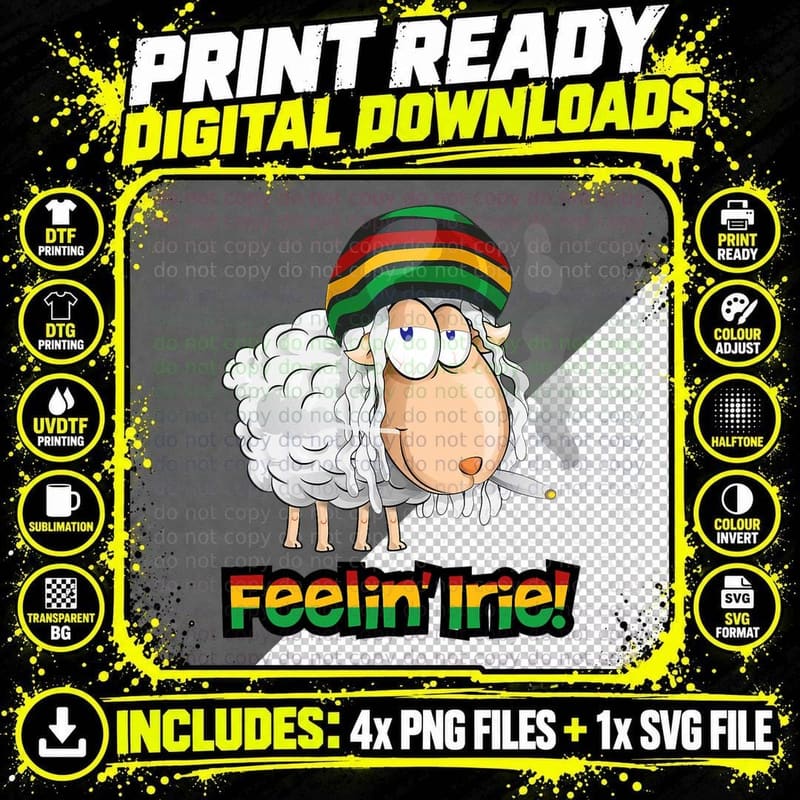 Feelin' Irie Shirt Patois Jamaica Sheep Jamaican Slang Png SVG Digital Bundle