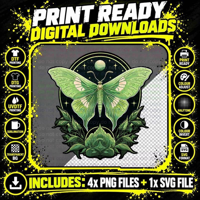 Luna Moth Insect Lover Witchy Aesthetic Moon Fairycore Png SVG Digital Bundle