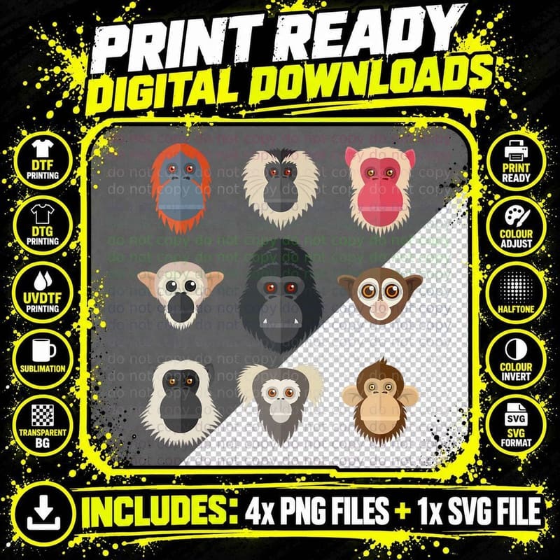 Monkey Chimpanzee Gorilla Spider Monkey Squirrel Monkey Png SVG Digital Bundle