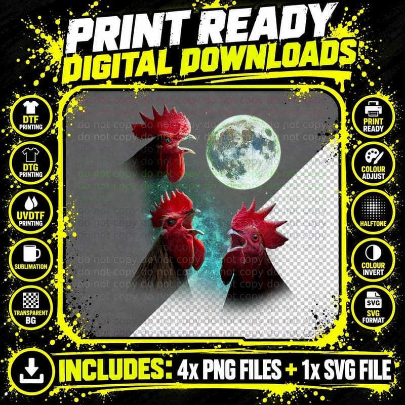 Three Rooster Chickens Howl at Moon 3 Wolfs Wolves Png SVG Digital Bundle