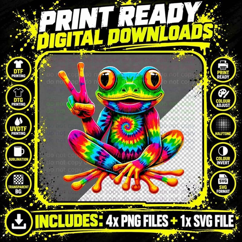 Tie-Dye Cool Frog Peace Sign Hippie T-Shirt Png SVG Digital Bundle
