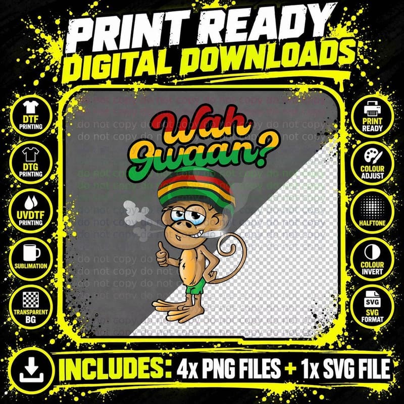 Wah Gwaan Shirt Patois Jamaica Monkey Jamaican Slang Png SVG Digital Bundle