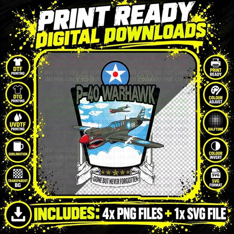 American World War 2 Aircraft Curtiss P-40 Warhawk Png SVG Digital Bundle