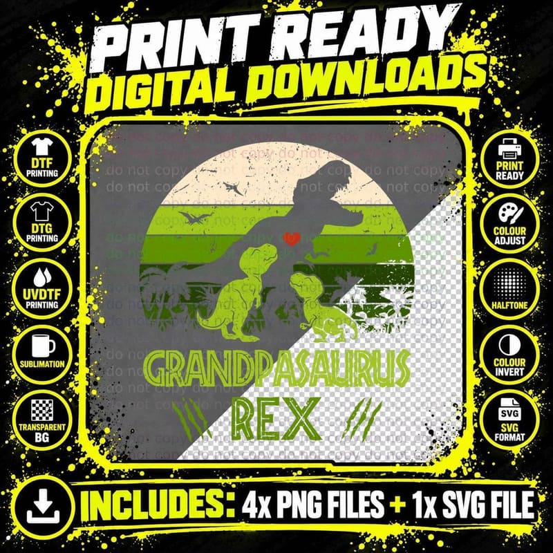 Grandpasaurus Rex 2 Kids Sunset Tshirt for Fathers Day Png SVG Digital Bundle