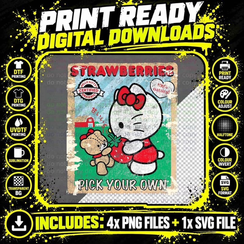 Hello Kitty Strawberry Picking Farm T-Shirt Png SVG Digital Bundle