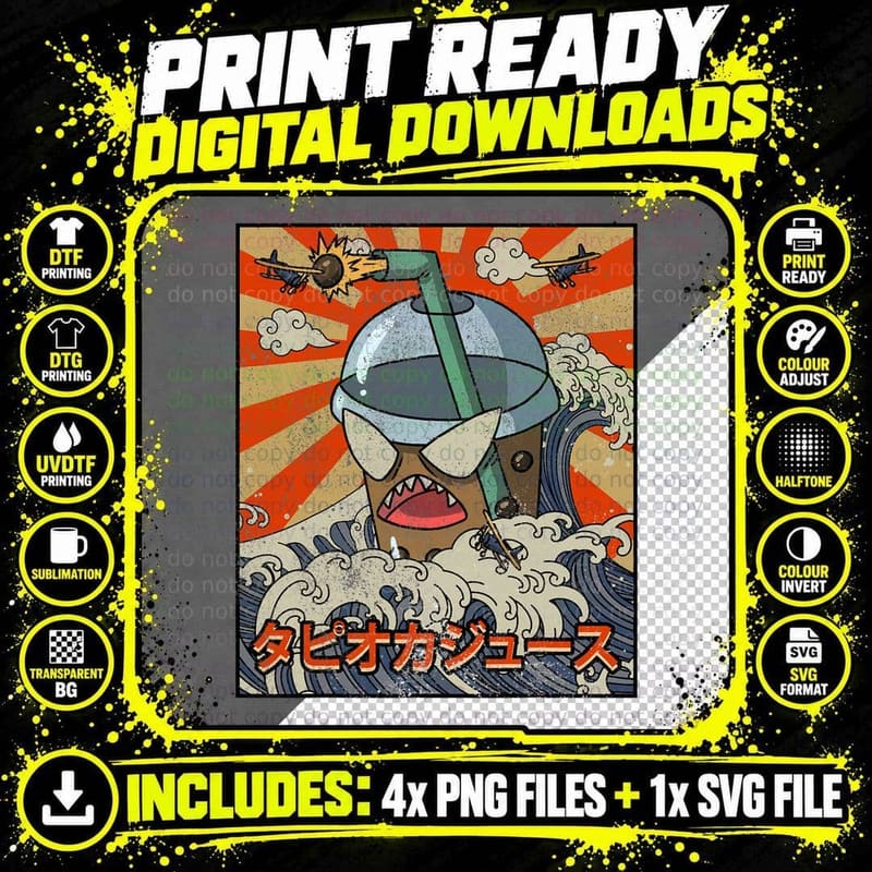 Kaiju Boba Tea Bubble Tea Great Wave off Kanagawa Kaijin Png SVG Digital Bundle