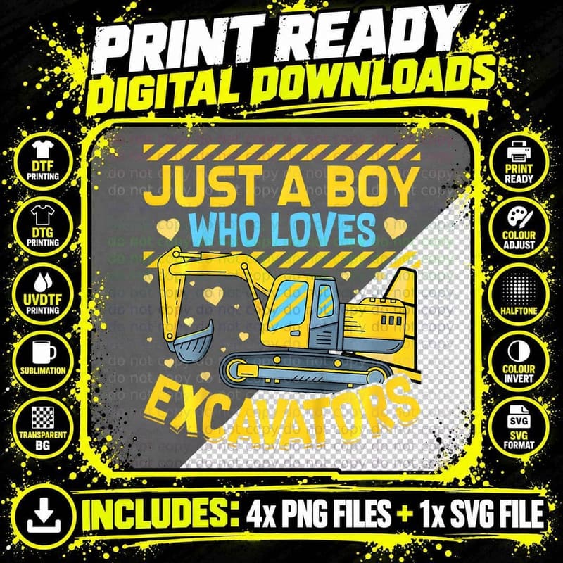 Kids Construction Vehicle Just a Boy Who Loves Png SVG Digital Bundle