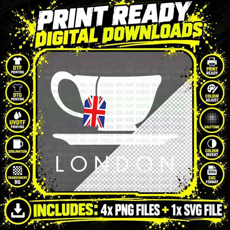 London UK Tea Shirt Cool British Teacup Gift T-Shirt Png SVG Digital Bundle