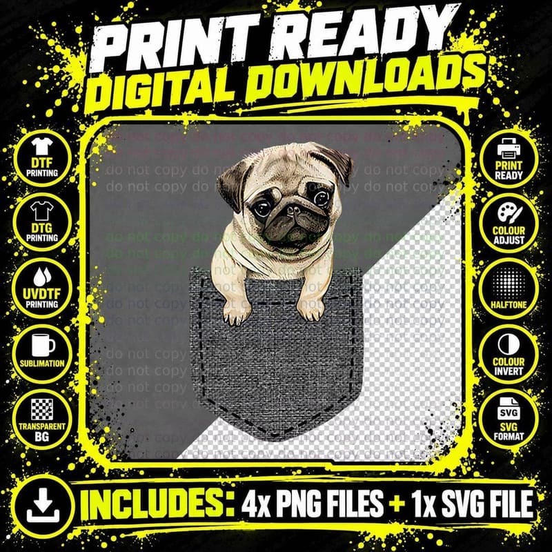 Pug in Pocket T-Shirt Png SVG Digital Bundle