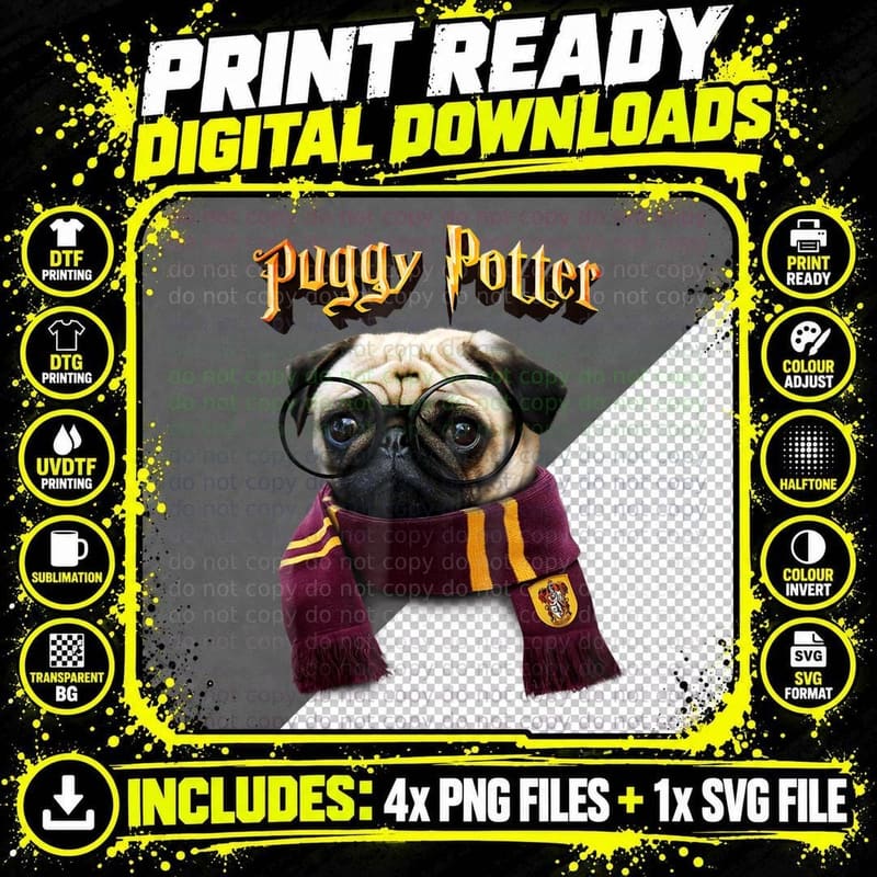 Puggy Potter Magic Wizard Pug - Pug T T-Shirt Png SVG Digital Bundle