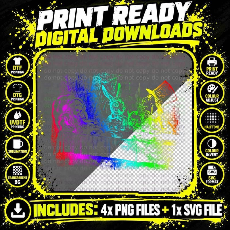 Rainbow Alice in Wonderland Hatter Tea Party T-Shirt Png SVG Digital Bundle