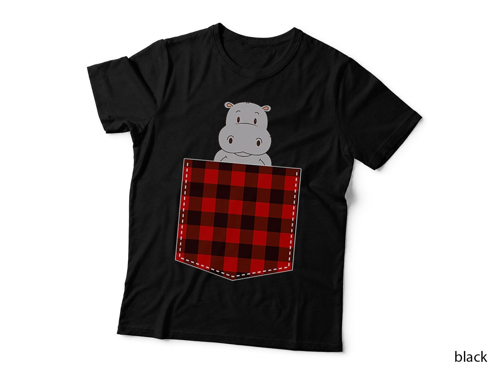 Red Plaid Hippopotamus in Pocket Buffalo Family Pajama Hippo T-Shirt