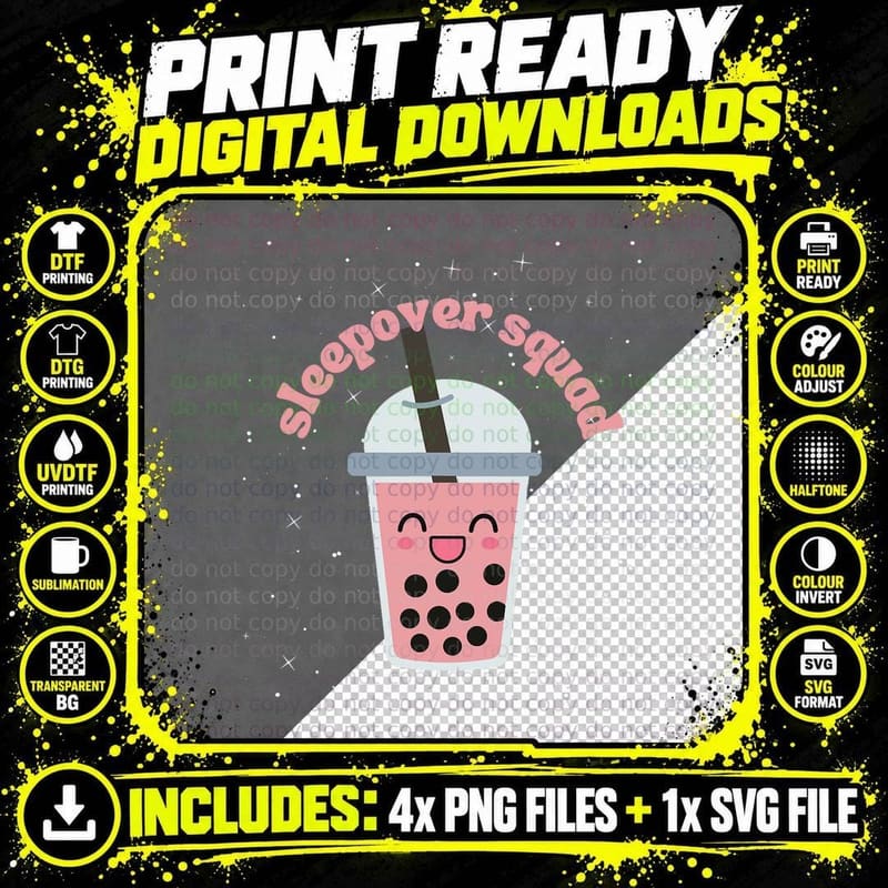 Slumber Party Squad Boba Bubble Tea Sleepover Kit Spa Png SVG Digital Bundle