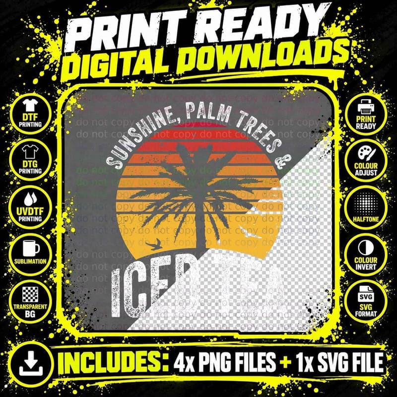 Sunshine Palm Trees & Iced Tea T-Shirt Png SVG Digital Bundle