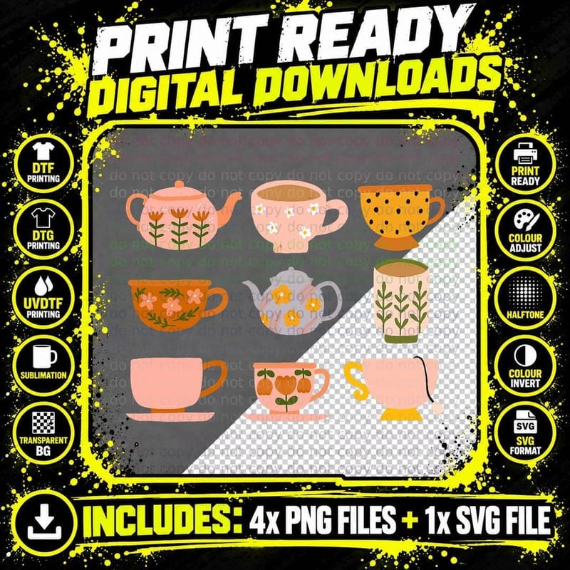 Tea Cups and Teapot T-Shirt Png SVG Digital Bundle