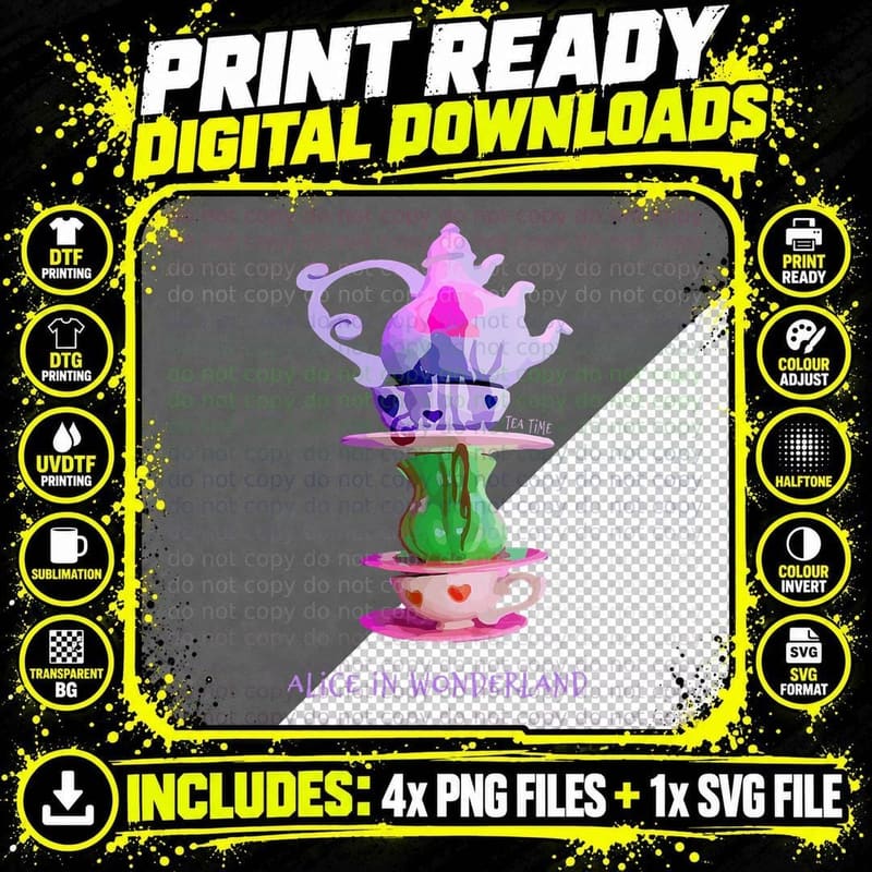Tea Time - Alice in Wonderland - Tea Cup Stack - Png SVG Digital Bundle