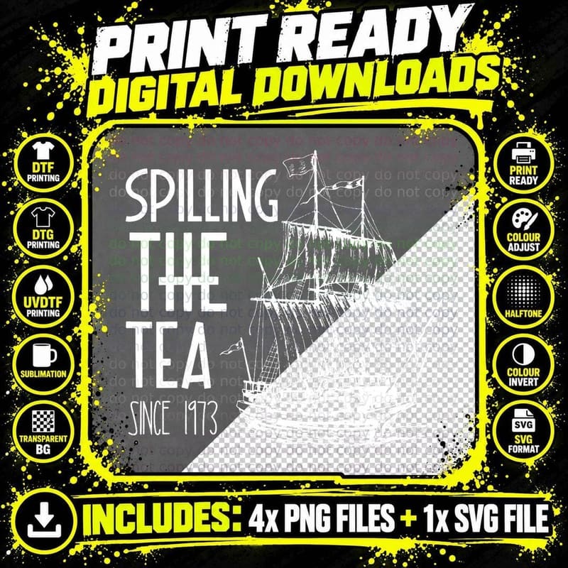 Too Cool for British Rule - Spilling the Tea Since 1773 Png SVG Digital Bundle