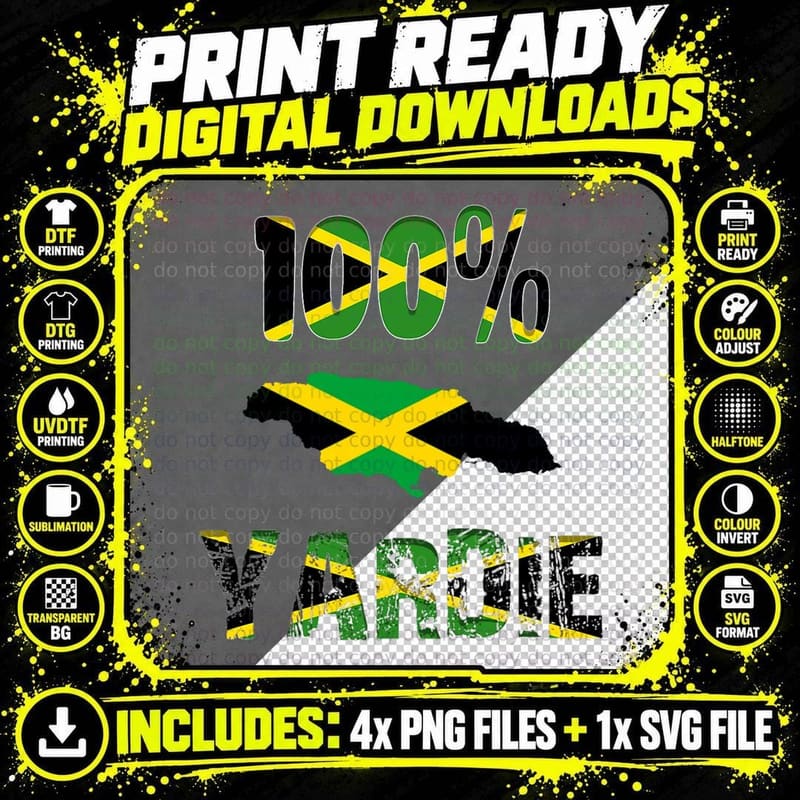 100 Yardie with Jamaica Flag in Heart, Jamaican T-Shirt Png SVG Digital Bundle