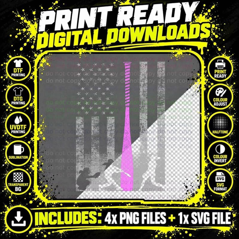 American Softball Flag T-Shirt - Players and Pink Bat Png SVG Digital Bundle