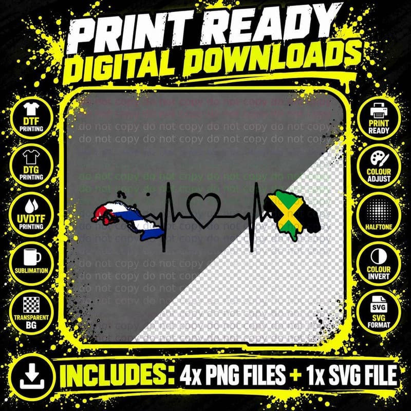Cuban Jamaican Flag - Cuba Jamaica Heartbeat T-Shirt Png SVG Digital Bundle