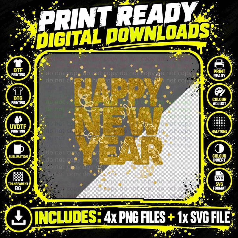 Happy New Year Confetti Fireworks New Year's Eve Party Png SVG Digital Bundle