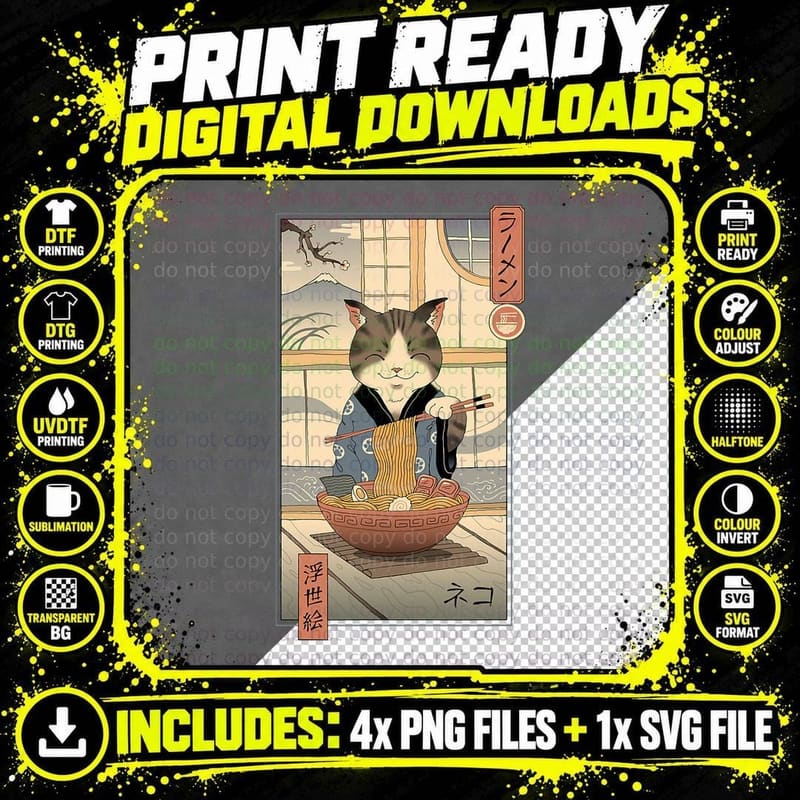 Neko Ramen Ukiyo-E T-Shirt Png SVG Digital Bundle