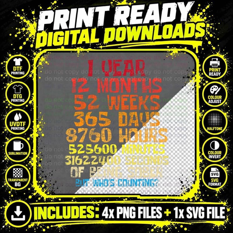 One Year Sober - Sobriety Anniversary Recovery NA AA Png SVG Digital Bundle