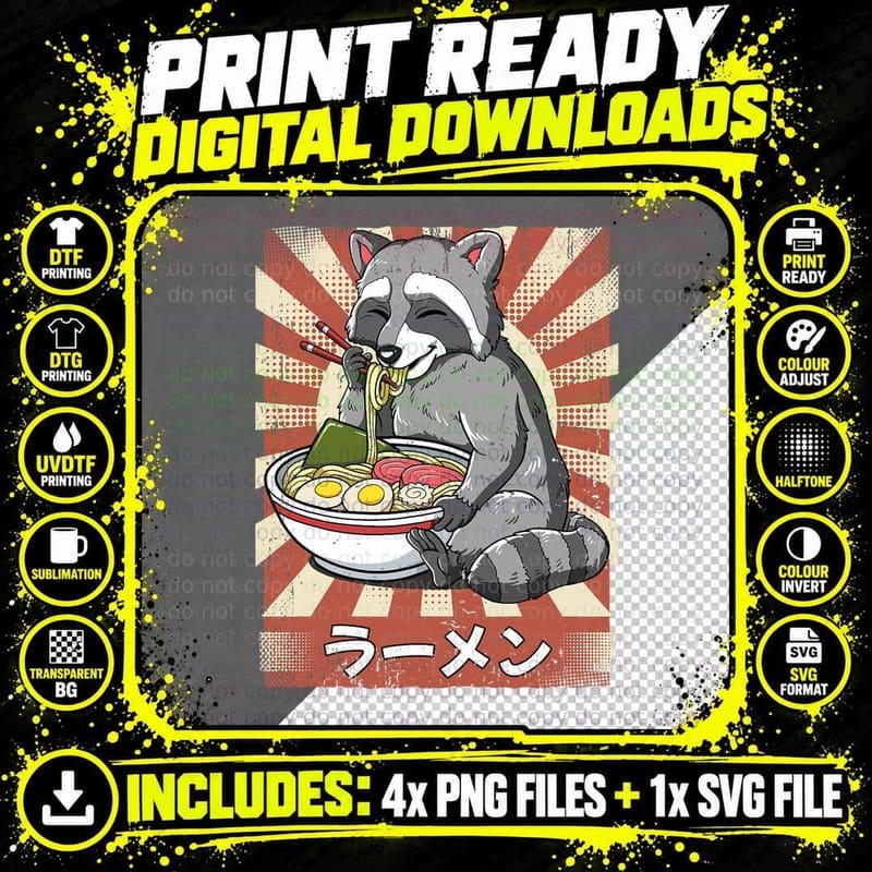 Ramen Raccoon Noodle Soup Ramen T-Shirt Png SVG Digital Bundle