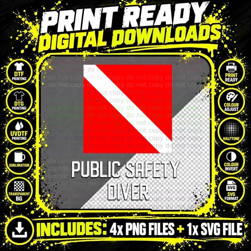 SCUBA Dive Flag Public Safety Diver Rescue Search Png SVG Digital Bundle
