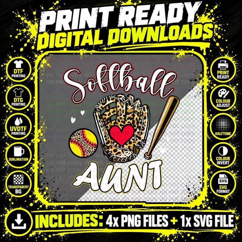Softball Aunt Leopard Game Day Softball Cute Matching Png SVG Digital Bundle