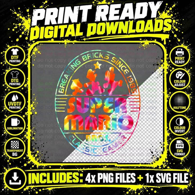 Super Mario Brick Break 85 Tie Dye Logo Graphic T-Shirt Png SVG Digital Bundle