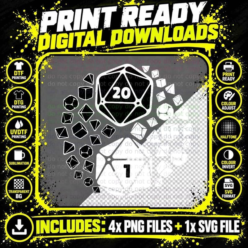 Yin Yang D20 Polyhedral Dice Dungeons & Tabletop Dragons Png SVG Digital Bundle