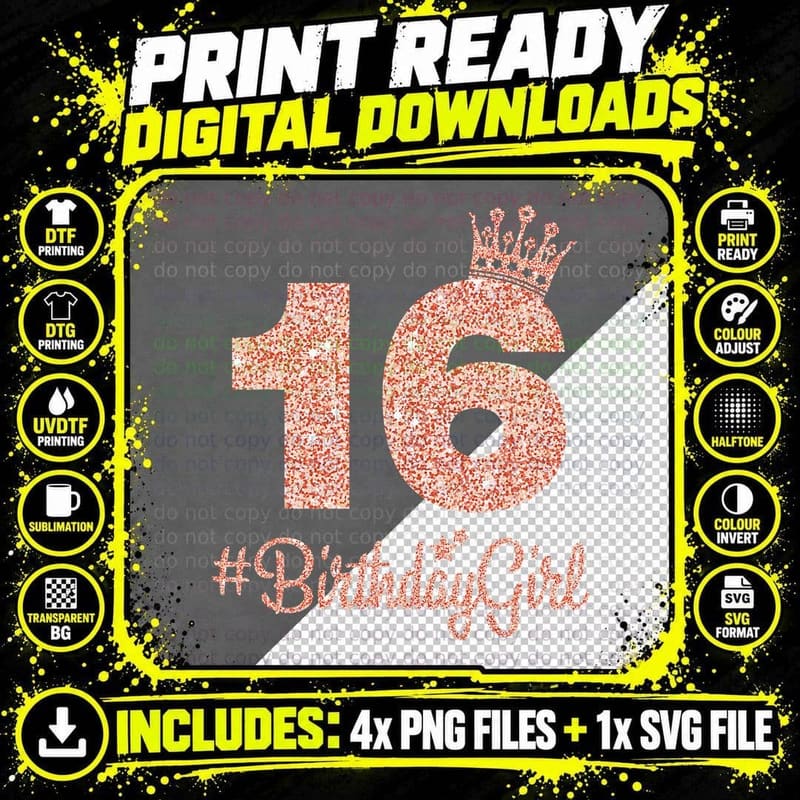 16 Birthdaygirl Sweet Sixteen 16th Pink Crown Tee for Png SVG Digital Bundle