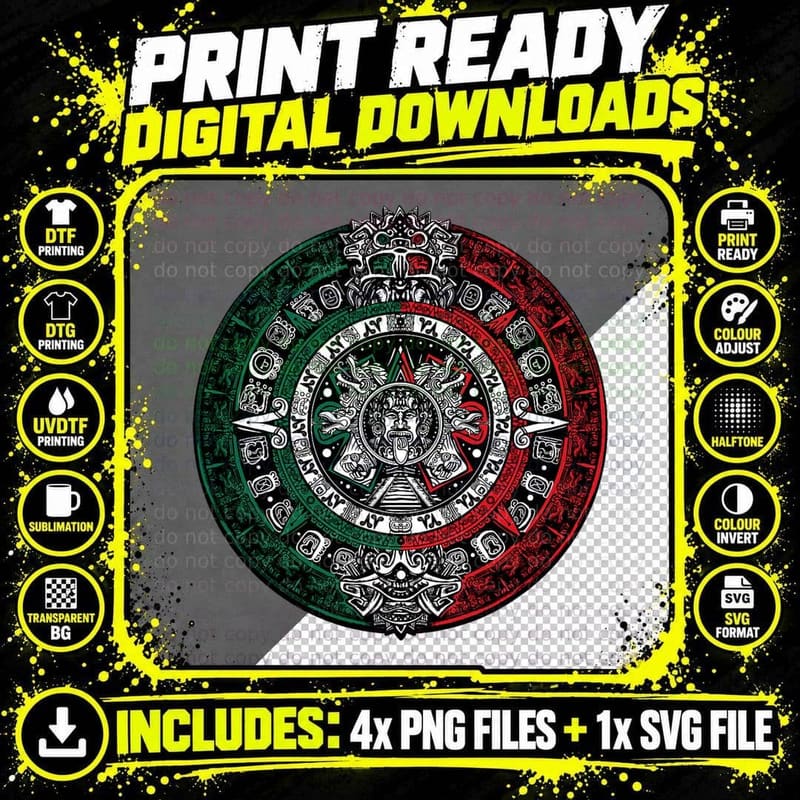 Aztec Calendar - Azteca Sun Stone - Mexico Flag T-Shirt Png SVG Digital Bundle