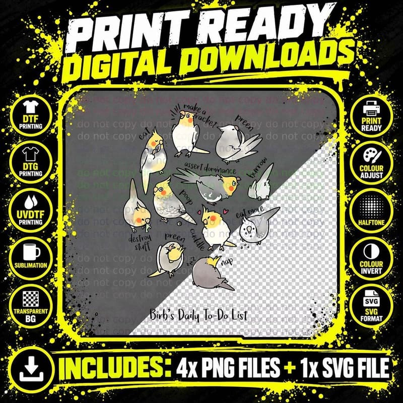 Cockatiel's Daily To-Do List T-Shirt Png SVG Digital Bundle
