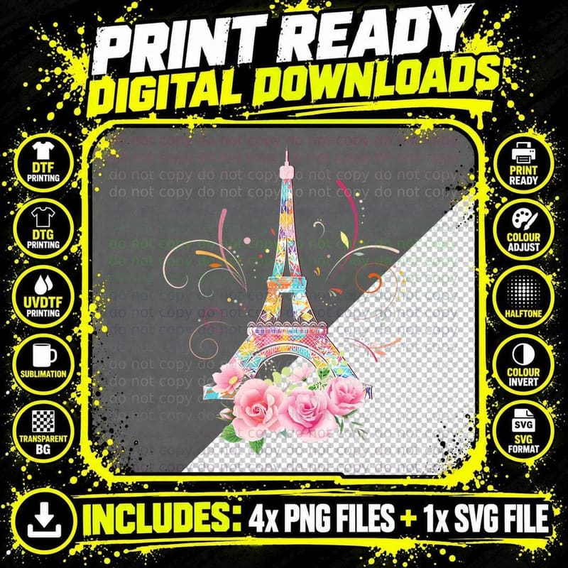Colorful Eiffel Tower of Paris in France Parisian Rose Png SVG Digital Bundle