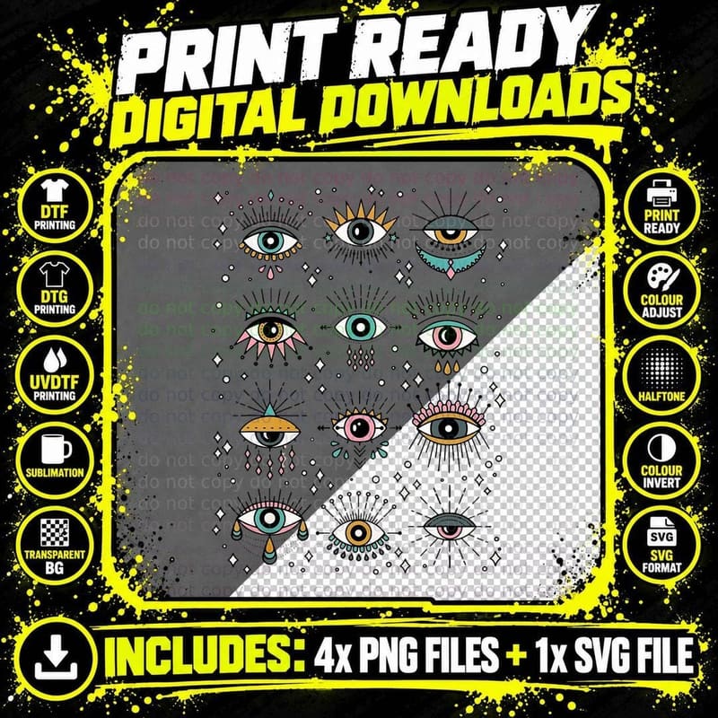 Colorful Squint and Closed Evil Eye Eyelashes Nazar Mati Png SVG Digital Bundle