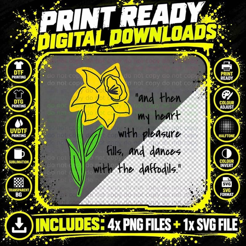 Daffodil Poem Wandered Lonely as a Cloud William Png SVG Digital Bundle