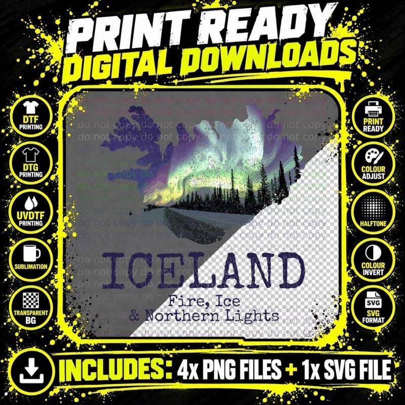 Iceland Map Fire Ice Northern Light Icelandic Souvenir Png SVG Digital Bundle