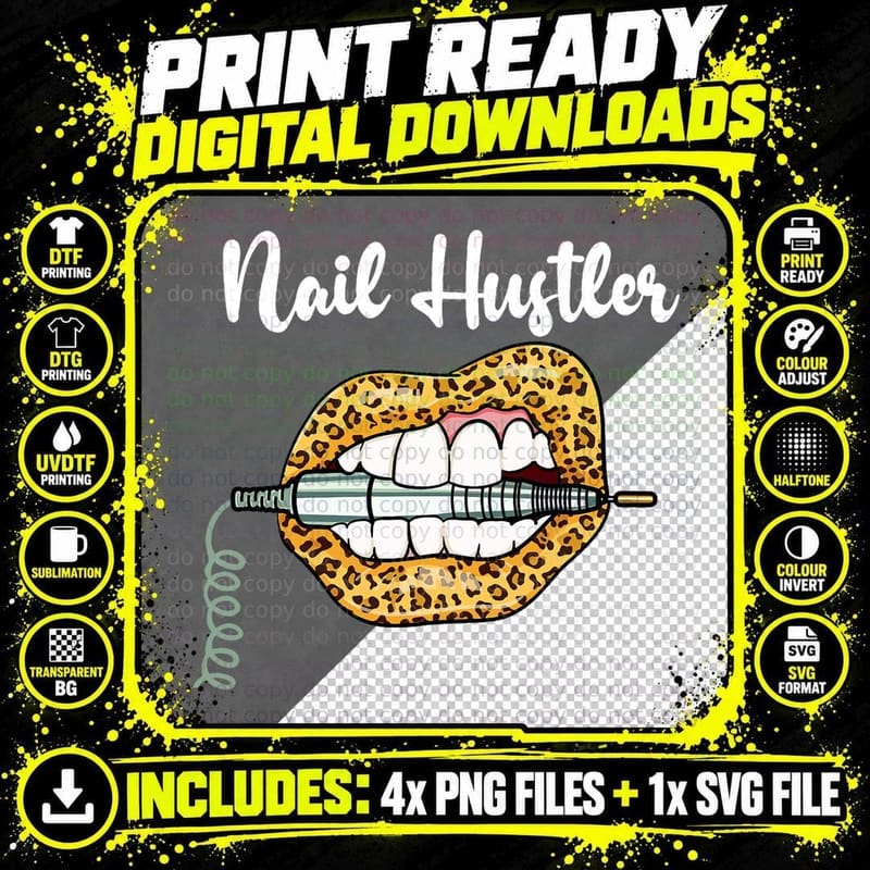 Leopard Lips with Nail Technician Drill Cool Nail Png SVG Digital Bundle